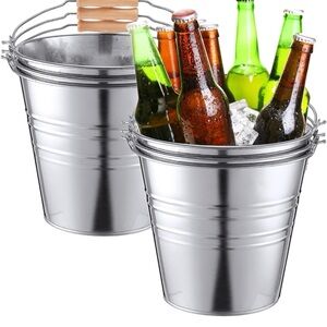 6PCS 2 Gallon Silver Galvanized Iron Metal Ice Buckets with Wooden Handle